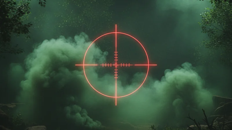 Tactical red sniper crosshair over smoky dark green battlefield