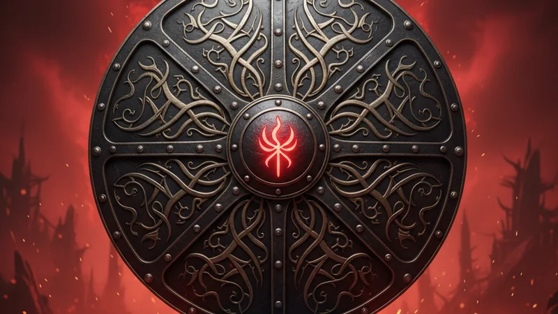 Ornate fantasy shield with glowing red rune on crimson battlefield