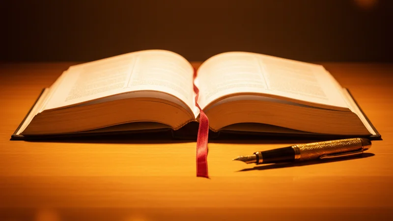 Open hardcover book with glowing pages and gold pen on amber desk