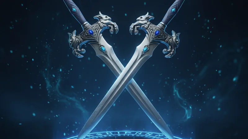 Crossed silver swords over a glowing blue magic rune circle