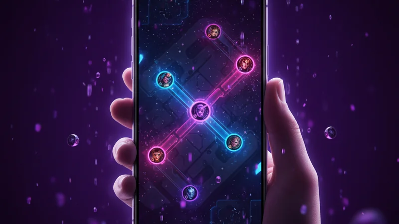 Smartphone displaying a glowing moba battle map on purple tech background