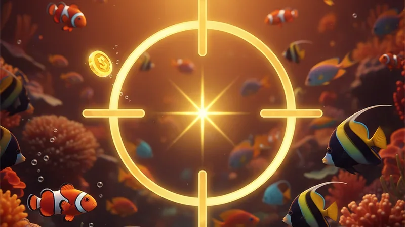 Fishing game strategy crosshair aiming at tropical fish with coin bullet power-up