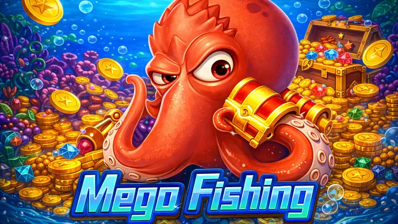Mega Fishing game artwork with Mega Octopus boss and treasure chest