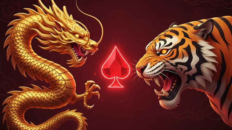Golden Chinese dragon and tiger facing off on burgundy background