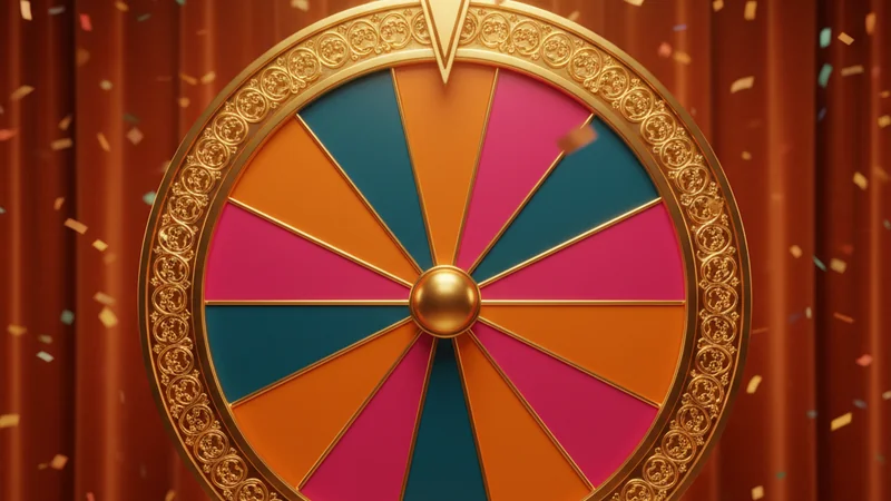 Colorful game show wheel of fortune with gold pointer and stage spotlights