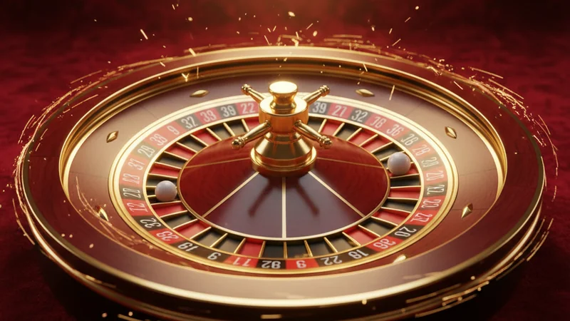 Ornate roulette wheel with gold rim on crimson velvet