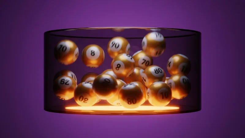 Keno lottery balls tumbling in drum chamber on purple background