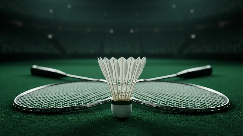 White feather shuttlecock and badminton racket on green felt