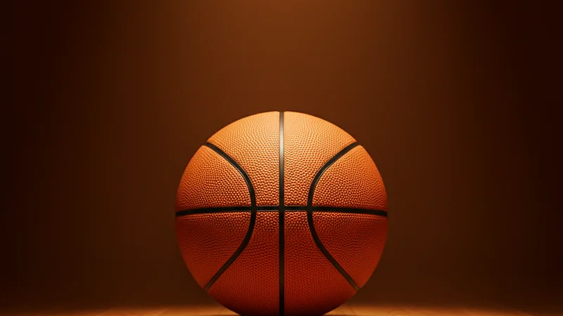 Orange basketball on a polished hardwood arena floor