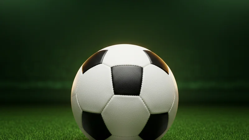 Black and white football on green stadium grass