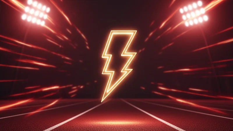 Glowing gold lightning bolt over a dark red running track with motion streaks
