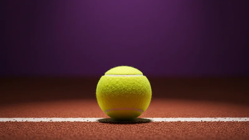 Yellow tennis ball on red clay court with purple stadium background